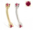 14K Gold internally threaded curved barbell with Ruby gems