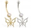 14K Gold jeweled belly ring with dangling butterfly charm