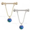 14K Gold nipple ring with dangling blue green opal ball on chain, 14 ga