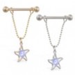 14K Gold nipple ring with dangling jeweled star on chain, 14 ga