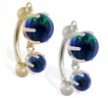 14K Gold reversed belly ring with double Blue Green opal dangle