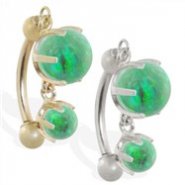 14K Gold reversed belly ring with double Green opal dangle