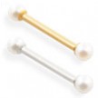 14K Gold Straight Barbell With Round White Akoya Pearls