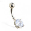 14K white gold belly button ring with round stone and jeweled top ball
