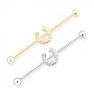 14K White Gold Industrial Barbell With Horseshoe Charm, 14Ga