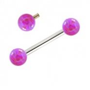 14K White Gold Internally Threaded Straight Barbell With Purple Opals