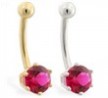 14K yellow gold belly button ring with 6-prong Ruby