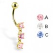 14K yellow gold belly button ring with three gems