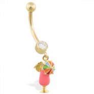 14K Yellow Gold belly ring with dangling enameled martini