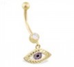 14K Yellow Gold belly ring with dangling eyeball luck charm