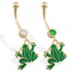 14K Yellow Gold belly ring with dangling green frog