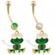14K Yellow Gold belly ring with dangling green frog