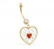 14K Yellow Gold belly ring with dangling heart charm and red glitter center