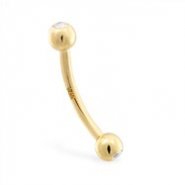 14K yellow gold curved barbell with clear CZ jeweled balls, 16 ga
