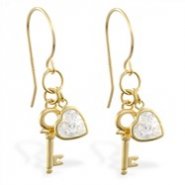 14K Yellow Gold earrings with dangling key and CZ jeweled heart, 20 ga
