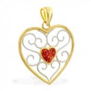 14K Yellow Gold Heart Charm with Red Glitter Center