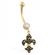 14K Yellow Gold jeweled belly ring with dangling Fleur-de-Lis Charm