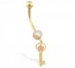 14K Yellow Gold jeweled belly ring with dangling two-toned heart key