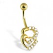 14K Yellow Gold Navel Ring With Two Jeweled Hearts