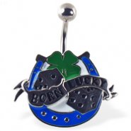 "BORN LUCKY" navel ring with dice, horseshoe, and clover