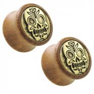 Antique Gold Plated Sugar Skull Shield Front Organic Sono Wood Saddle Plugs