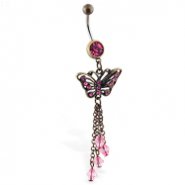 Antique style belly ring with dangling butterfly and dangles
