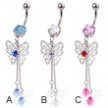 Belly button ring with dangling butterfly and two gems on chains
