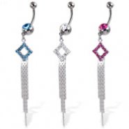 Belly button ring with dangling jeweled square and chains