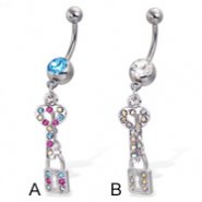 Belly button ring with jeweled key and lock