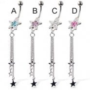 Belly button ring with jeweled star and three dangling stars