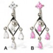 Belly button ring with square stone and dangling teardrops on a diamond-shaped frame
