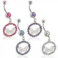 Belly ring with dangling amethyst jeweled butterfly circle