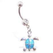 Belly ring with dangling aqua glitter turtle