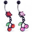 Belly ring with dangling black coated cherries