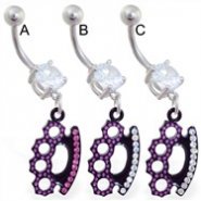 Belly ring with dangling black coated jeweled knuckles