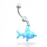 Belly ring with dangling blue fish