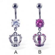 Belly ring with dangling crown with gems