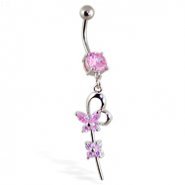 Belly Ring with Dangling Flower Heart and Butterfly