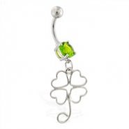 Belly ring with dangling four leaf clover outline