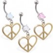 Belly ring with dangling gold colored peace heart