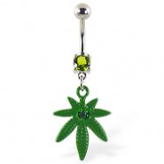 Belly ring with dangling green pot leaf with gem