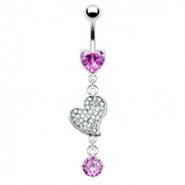 Belly ring with dangling jewel paved heart and gem
