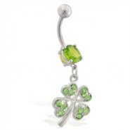 Belly ring with dangling jeweled four leaf clover