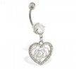 Belly ring with dangling jeweled heart and rose outline