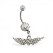 Belly ring with dangling jeweled heart and wings