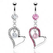 Belly ring with dangling jeweled heart with stone
