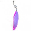 Belly ring with dangling pink and purple feathers