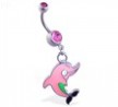 Belly ring with dangling pink cartoon dolphin