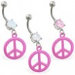 Belly ring with dangling pink peace sign