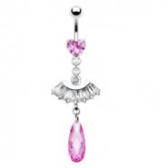 Belly ring with dangling princess cut fan and large pink stone